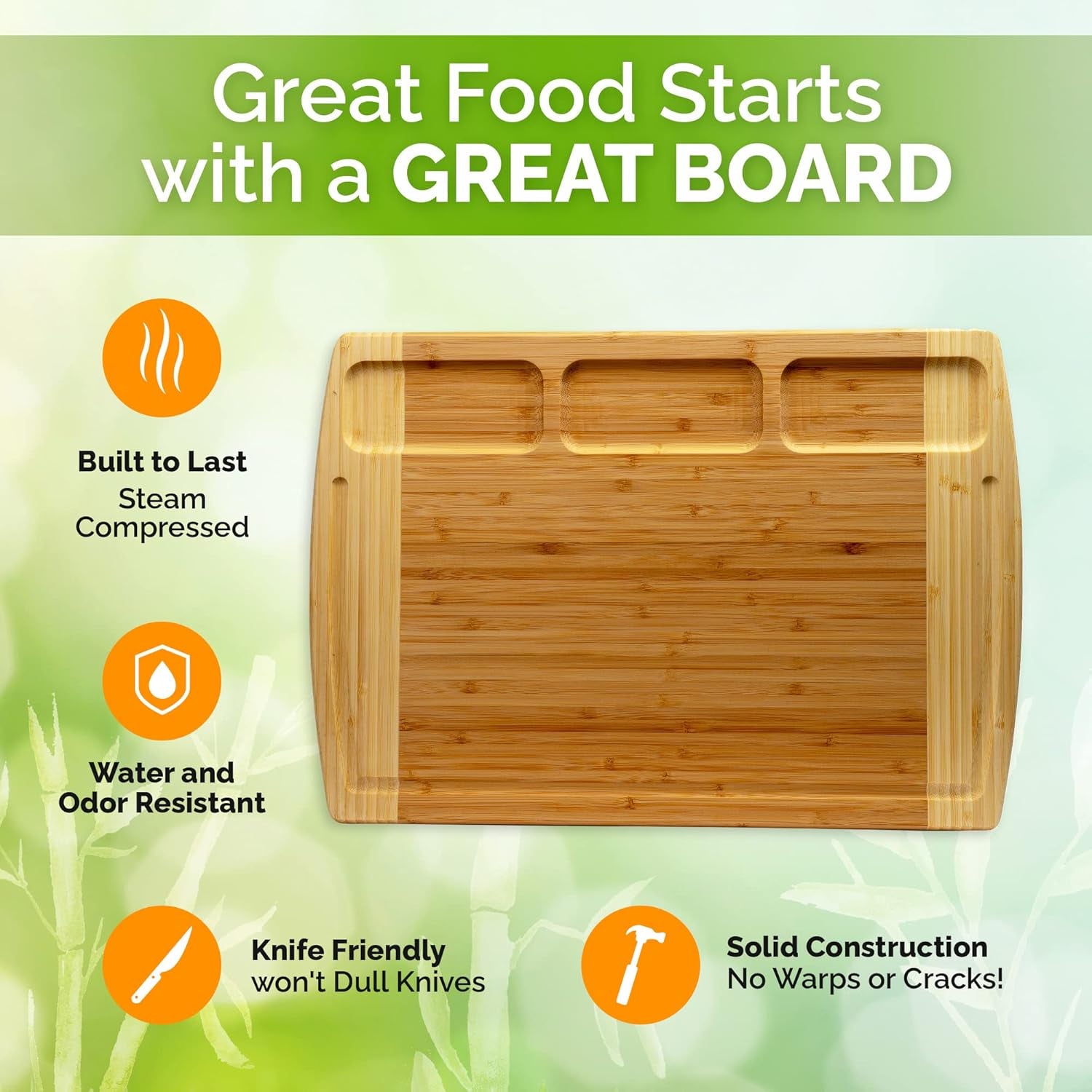 Organic Bamboo Cutting Board for Kitchen with Built-In Compartments and Juice Groove - Wooden Chopping Board for Meat, Cheese Charcuterie Board with Handles, (Extra Large, 18 X 12.5 Inch)