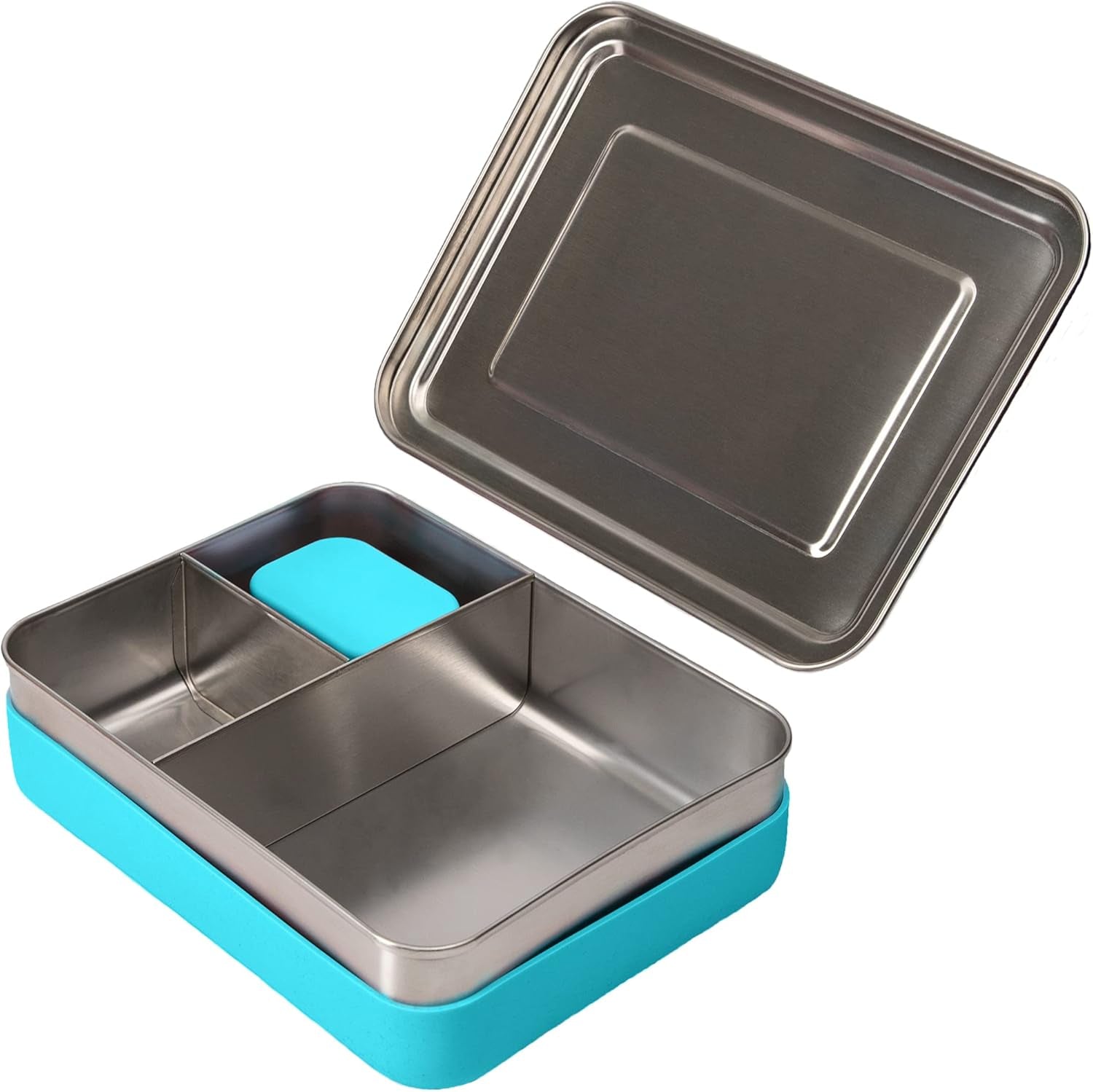 18/8 Stainless Steel Bento Box (Large) - 3 Compartment Metal Lunch Box, Skid-Proof Silicone, for Kids & Adults, Bonus Dip Container, Fits in Lunch & Work Bags, Dishwasher & Freezer Friendly