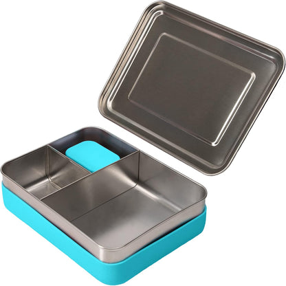 18/8 Stainless Steel Bento Box (Large) - 3 Compartment Metal Lunch Box, Skid-Proof Silicone, for Kids & Adults, Bonus Dip Container, Fits in Lunch & Work Bags, Dishwasher & Freezer Friendly