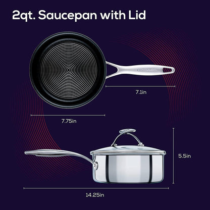 Clad Stainless Steel Saucepan with Glass Lid and Hybrid Steelshield and Nonstick Technology, 2 Quart - Silver