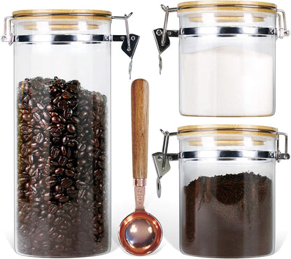 Borosilicate Glass Storage Jars with Airtight Locking Clamp Lids, Airtight Canister Set，Coffee Set of 3 with Spoon (50Oz, 24Oz, 18Oz), Storage Containers with Bamboo Lid