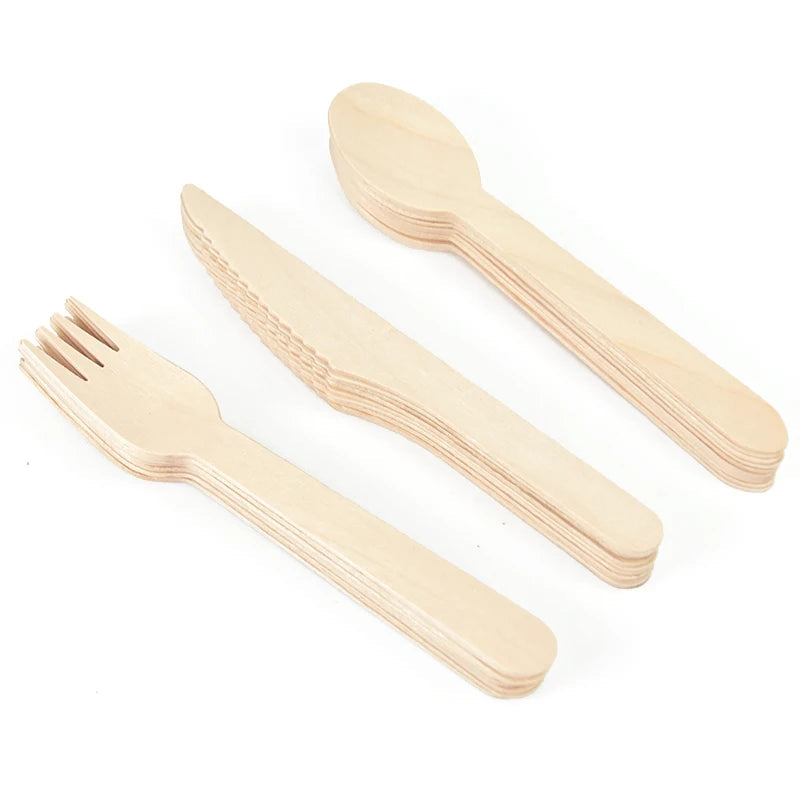 100% Compostable Cutlery Set - Wooden Compostable Utensils - Disposable Wooden Cutlery, Eco Friendly Forks and Spoons Disposable Cutlery Set Party Utensils