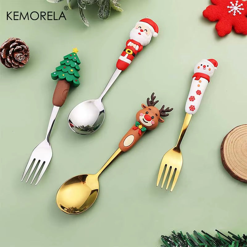 2PCS Stainless Steel Tableware Christmas Spoon Fork Set Cake Dessert Spoon Fruit Fork Santa Elk Doll Spoon Christmas Gifts