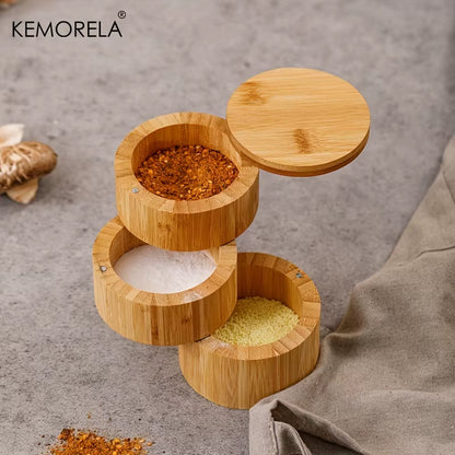 Bamboo Salt Box round Bamboo Jar Salt and Spices Storage Container Spice Container Seasoning Jar 3-Tier Bamboo Wood Container