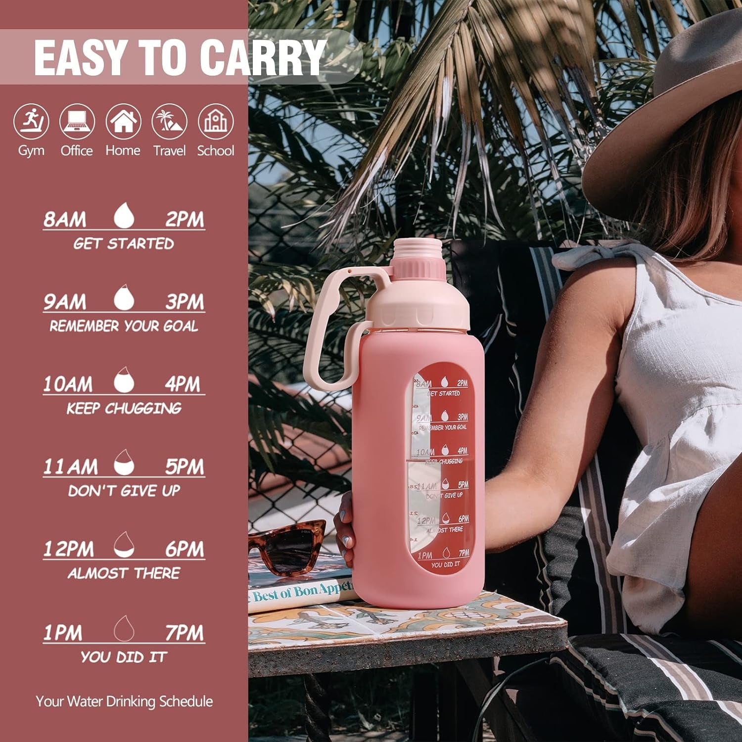 64Oz Glass Water Bottles with Straw, Half Gallon Water Jug with Time Marker, Sports Large Motivational Bottle with Silicone Sleeve, Pink