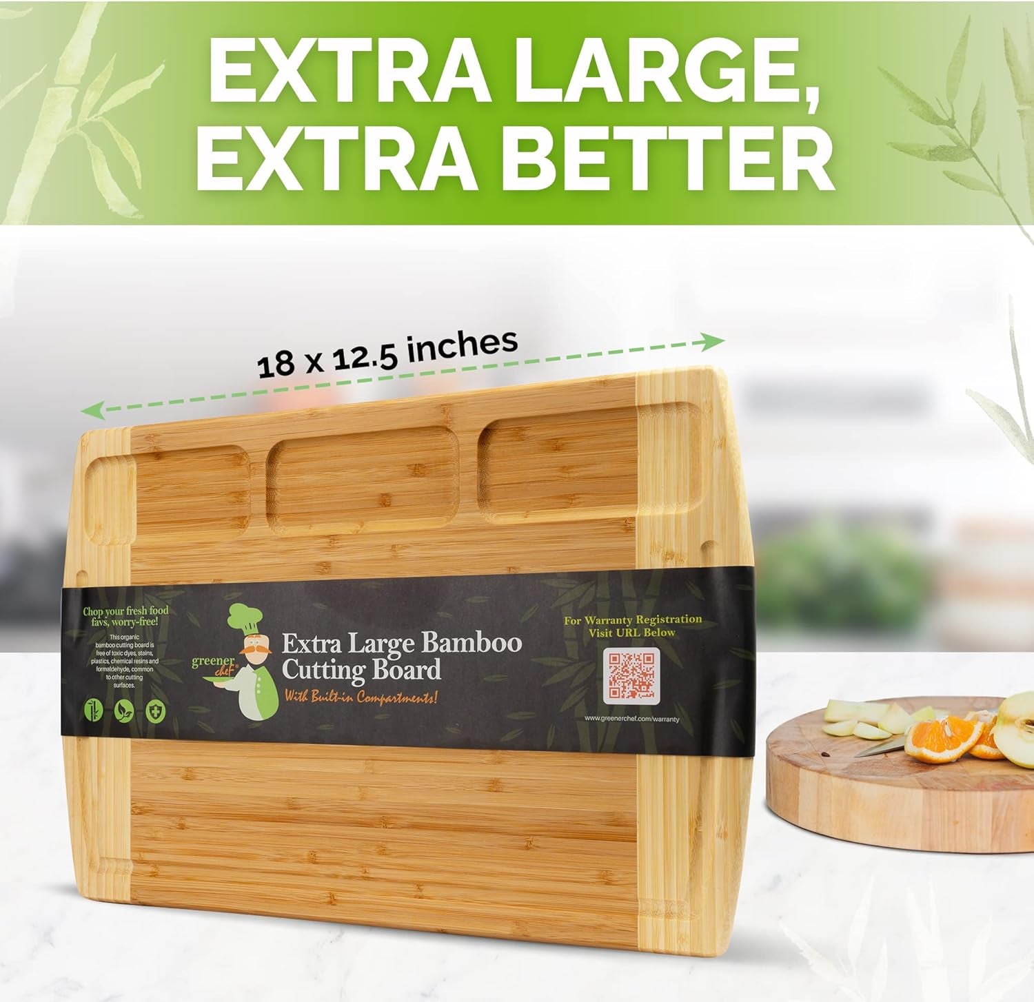 Organic Bamboo Cutting Board for Kitchen with Built-In Compartments and Juice Groove - Wooden Chopping Board for Meat, Cheese Charcuterie Board with Handles, (Extra Large, 18 X 12.5 Inch)