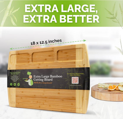 Organic Bamboo Cutting Board for Kitchen with Built-In Compartments and Juice Groove - Wooden Chopping Board for Meat, Cheese Charcuterie Board with Handles, (Extra Large, 18 X 12.5 Inch)