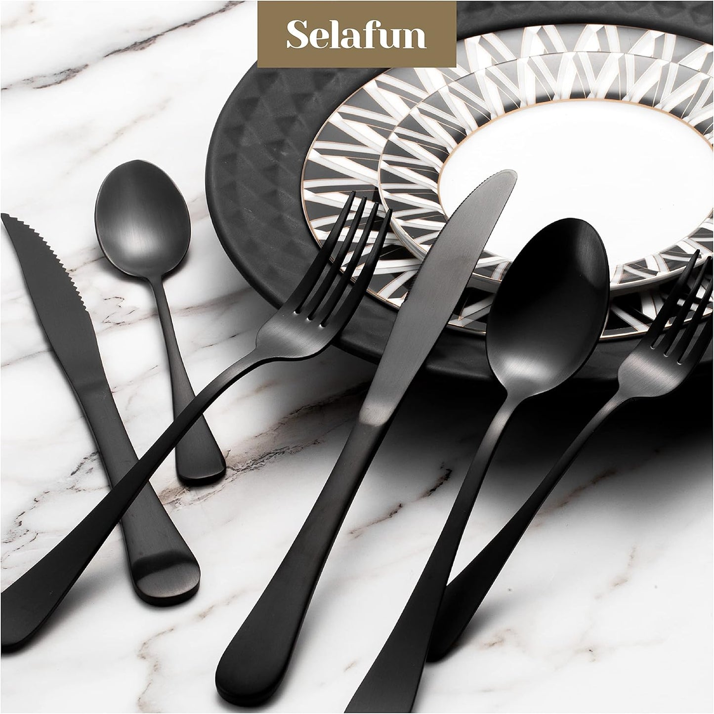 24 Piece Matte Black Flatware Set.Stainless Steel Matte Black Silverware Set Titanium Plating Tableware Cutlery Set. Utensil Set for Kitchens. Dishwasher Safe(Service for 4)
