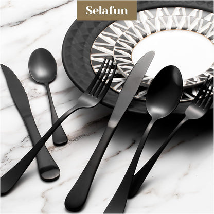 24 Piece Matte Black Flatware Set.Stainless Steel Matte Black Silverware Set Titanium Plating Tableware Cutlery Set. Utensil Set for Kitchens. Dishwasher Safe(Service for 4)