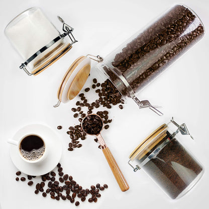 Borosilicate Glass Storage Jars with Airtight Locking Clamp Lids, Airtight Canister Set，Coffee Set of 3 with Spoon (50Oz, 24Oz, 18Oz), Storage Containers with Bamboo Lid