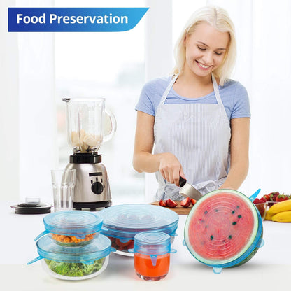 Silicone Stretch Lids, Zero Waste Reusable Silicon Container Lid Covers for Leftover Food Fruit Bowls Pots Cups Jars Dishes (6PCS, Blue)