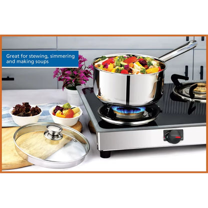 3 Quart Induction Compatible Stainless Steel Saucepan with Straining Lid Durable Tri Ply Base Easy Pour and Strain Cooking