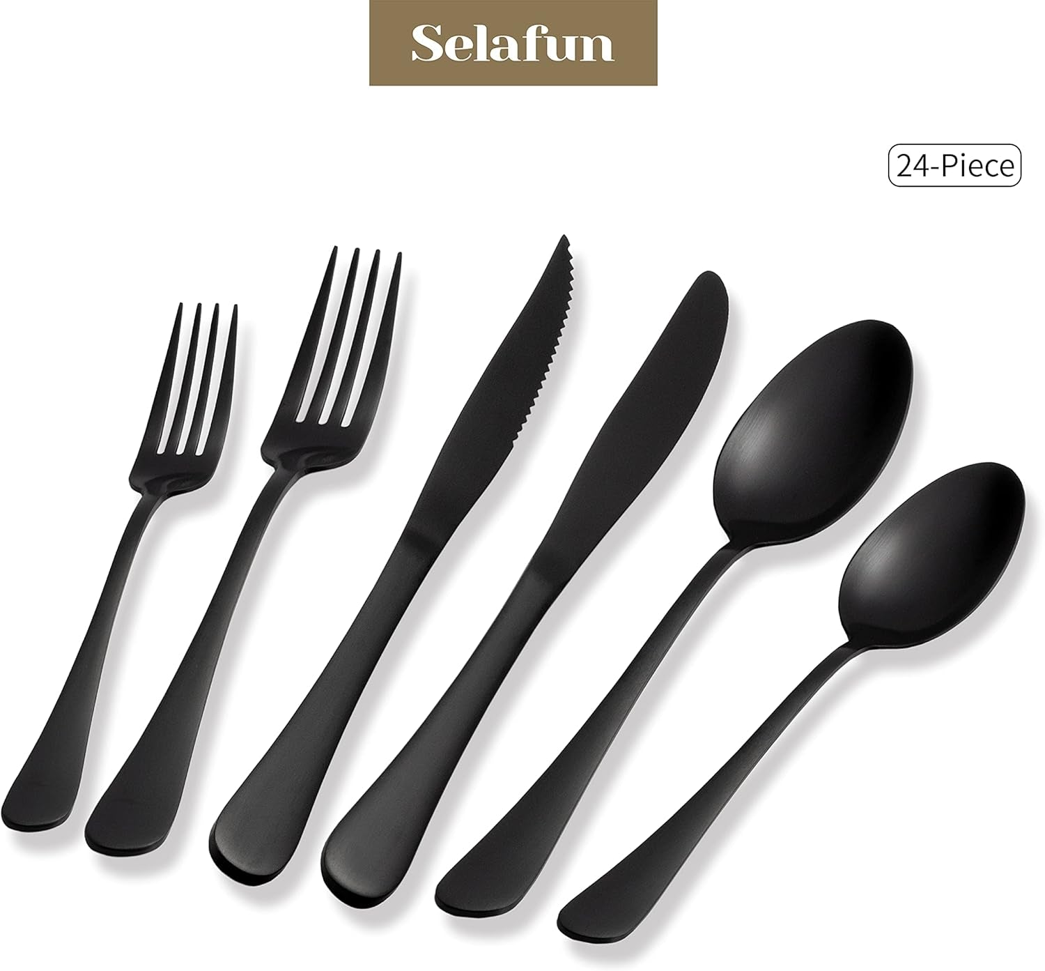 24 Piece Matte Black Flatware Set.Stainless Steel Matte Black Silverware Set Titanium Plating Tableware Cutlery Set. Utensil Set for Kitchens. Dishwasher Safe(Service for 4)