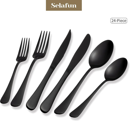 24 Piece Matte Black Flatware Set.Stainless Steel Matte Black Silverware Set Titanium Plating Tableware Cutlery Set. Utensil Set for Kitchens. Dishwasher Safe(Service for 4)