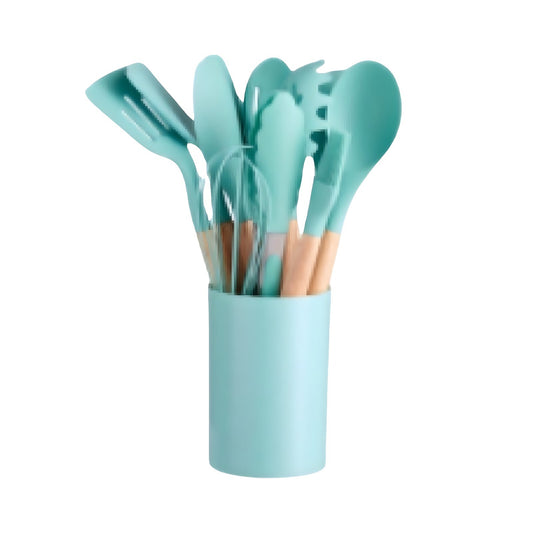 12 Piece Kitchen Cooking Utensil Set Silicone Wood Heat Resistant Kitchenware