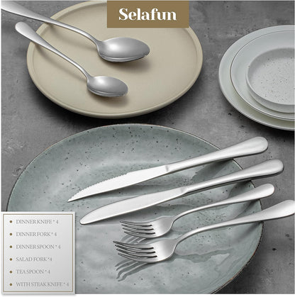 24 Piece Silver Flatware Set.Stainless Steel Silverware Set.Titanium Plating Tableware Cutlery Set. Utensil Set for Kitchens. Dishwasher Safe(Service for 4)