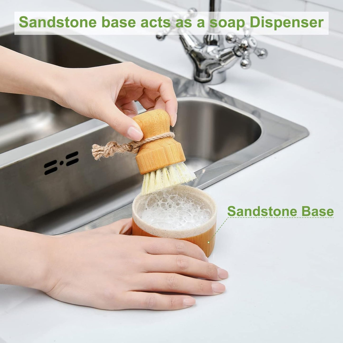 Bubble up Bamboo Dish Brush Set with Soap Holder, Wooden Dish Scrubber with Soap Dispenser, Natural Kitchen Scrub Brush, Washing Pot/Pans/Cast Iron, 2 Pack, Sisal + Coconut Palm Bristles