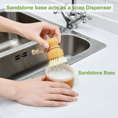 Bubble up Bamboo Dish Brush Set with Soap Holder, Wooden Dish Scrubber with Soap Dispenser, Natural Kitchen Scrub Brush, Washing Pot/Pans/Cast Iron, 2 Pack, Sisal + Coconut Palm Bristles