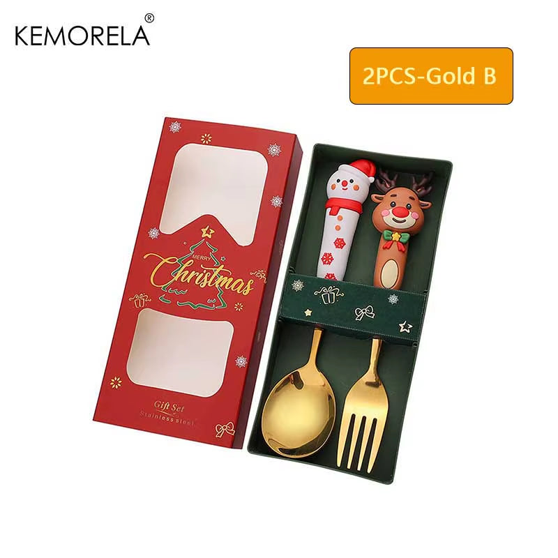 2PCS Stainless Steel Tableware Christmas Spoon Fork Set Cake Dessert Spoon Fruit Fork Santa Elk Doll Spoon Christmas Gifts