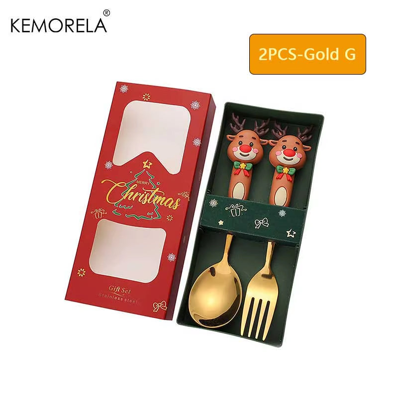 2PCS Stainless Steel Tableware Christmas Spoon Fork Set Cake Dessert Spoon Fruit Fork Santa Elk Doll Spoon Christmas Gifts