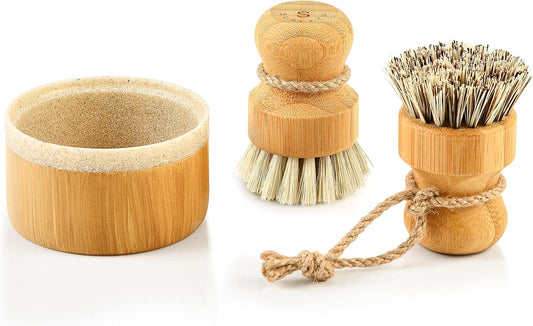 Bubble up Bamboo Dish Brush Set with Soap Holder, Wooden Dish Scrubber with Soap Dispenser, Natural Kitchen Scrub Brush, Washing Pot/Pans/Cast Iron, 2 Pack, Sisal + Coconut Palm Bristles