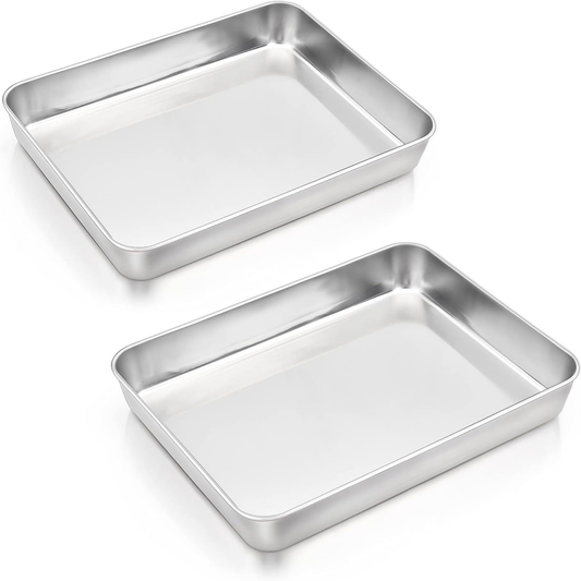 Baking Pans Set of 2, 12.4” X 9.6” X 2” Stainless Steel Rectangular Cake Pans, Baking Sheet Pan for Lasagna Brownies Casseroles, Non-Toxic & Healthy, Dishwasher Safe