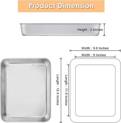 Baking Pans Set of 2, 12.4” X 9.6” X 2” Stainless Steel Rectangular Cake Pans, Baking Sheet Pan for Lasagna Brownies Casseroles, Non-Toxic & Healthy, Dishwasher Safe