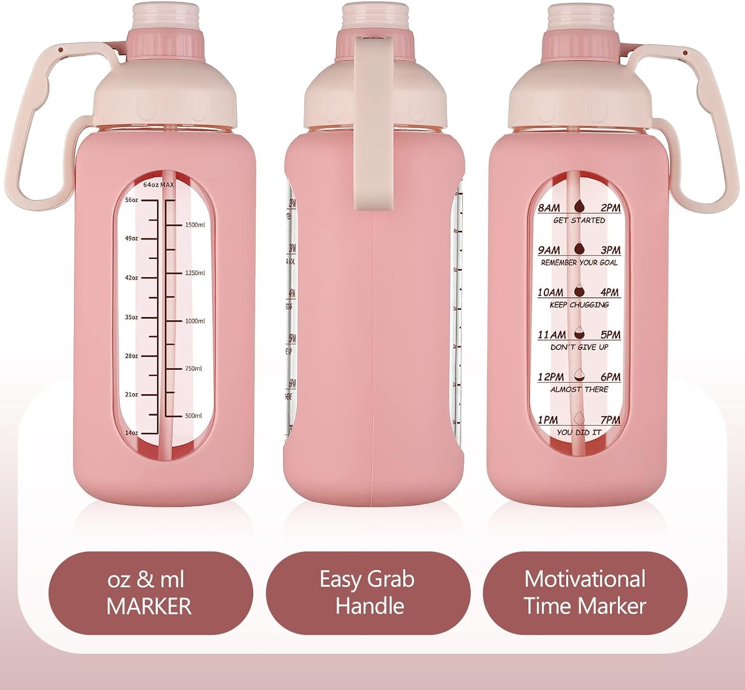 64Oz Glass Water Bottles with Straw, Half Gallon Water Jug with Time Marker, Sports Large Motivational Bottle with Silicone Sleeve, Pink