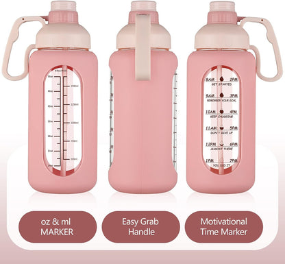64Oz Glass Water Bottles with Straw, Half Gallon Water Jug with Time Marker, Sports Large Motivational Bottle with Silicone Sleeve, Pink