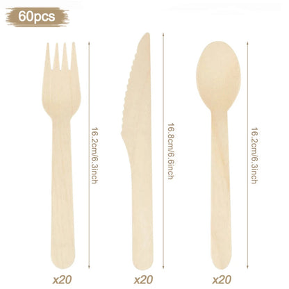 100% Compostable Cutlery Set - Wooden Compostable Utensils - Disposable Wooden Cutlery, Eco Friendly Forks and Spoons Disposable Cutlery Set Party Utensils