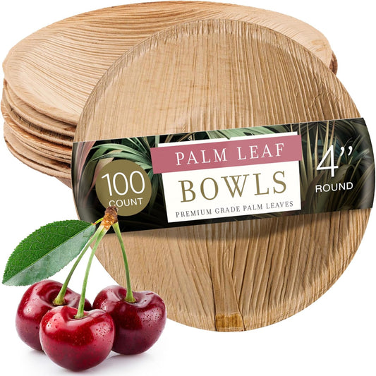 Palm Leaf Bowls 100 Pack 4 Inch - Eco Friendly Compostable & Biodegradable – Elegant Bamboo Look Disposable Bowls Are Heavy Duty and More Environmentally Friendly than Paper Bowls