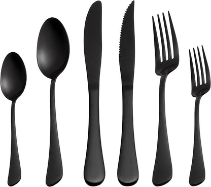 24 Piece Matte Black Flatware Set.Stainless Steel Matte Black Silverware Set Titanium Plating Tableware Cutlery Set. Utensil Set for Kitchens. Dishwasher Safe(Service for 4)