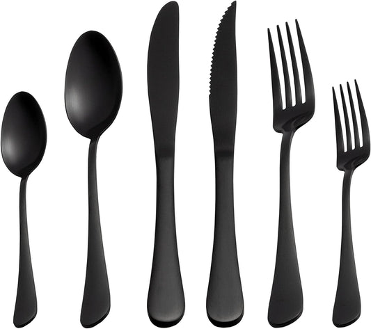 24 Piece Matte Black Flatware Set.Stainless Steel Matte Black Silverware Set Titanium Plating Tableware Cutlery Set. Utensil Set for Kitchens. Dishwasher Safe(Service for 4)