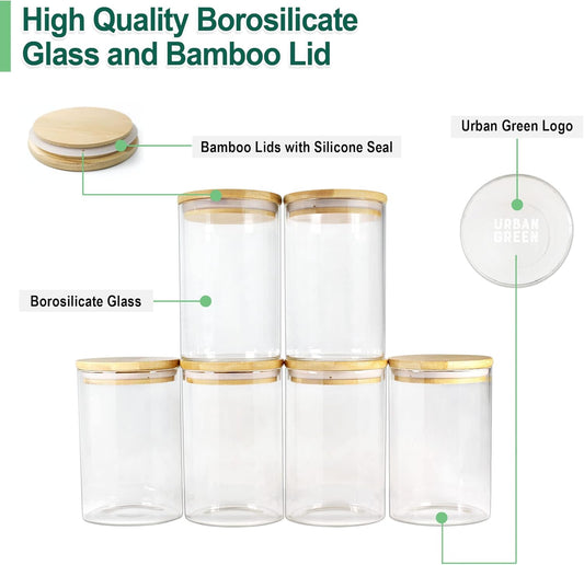 Glass Jars with Bamboo Lids, Glass Airtight Canisters Sets, Food Storage Container, Pantry Organization and Storage Jars, Kitchen Canisters Sets, Flour Containers of 6