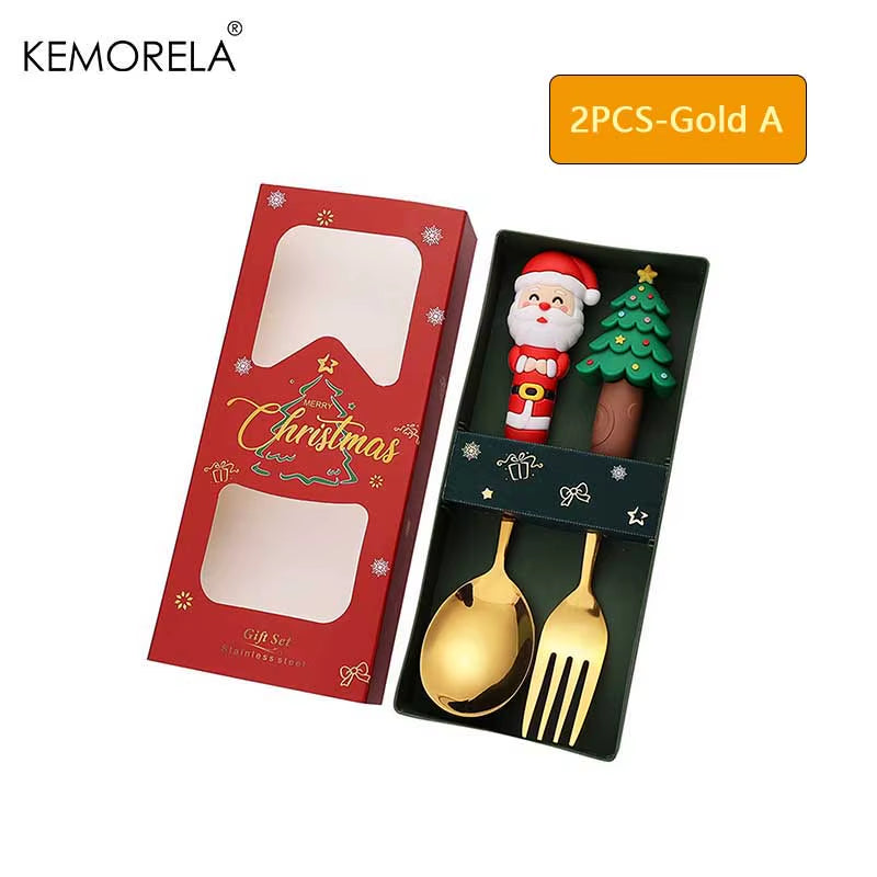 2PCS Stainless Steel Tableware Christmas Spoon Fork Set Cake Dessert Spoon Fruit Fork Santa Elk Doll Spoon Christmas Gifts