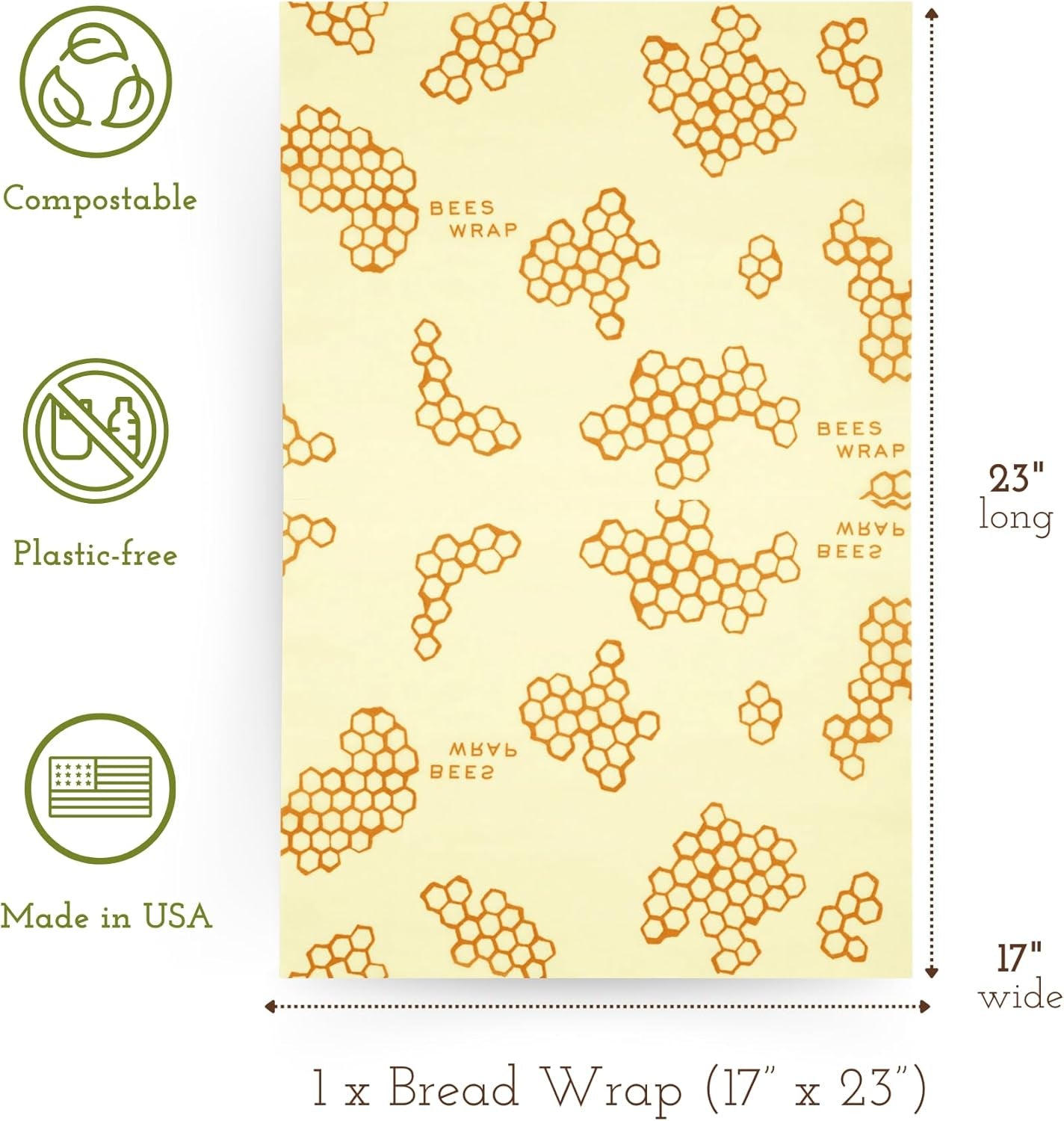Beeswax Wraps for Food - Bread Wrap - Made in USA Reusable Bread Storage Bags - Organic & Eco-Friendly Alternative to Aluminum Foil, Sourdough Bags & Plastic Wrap, Honeycomb