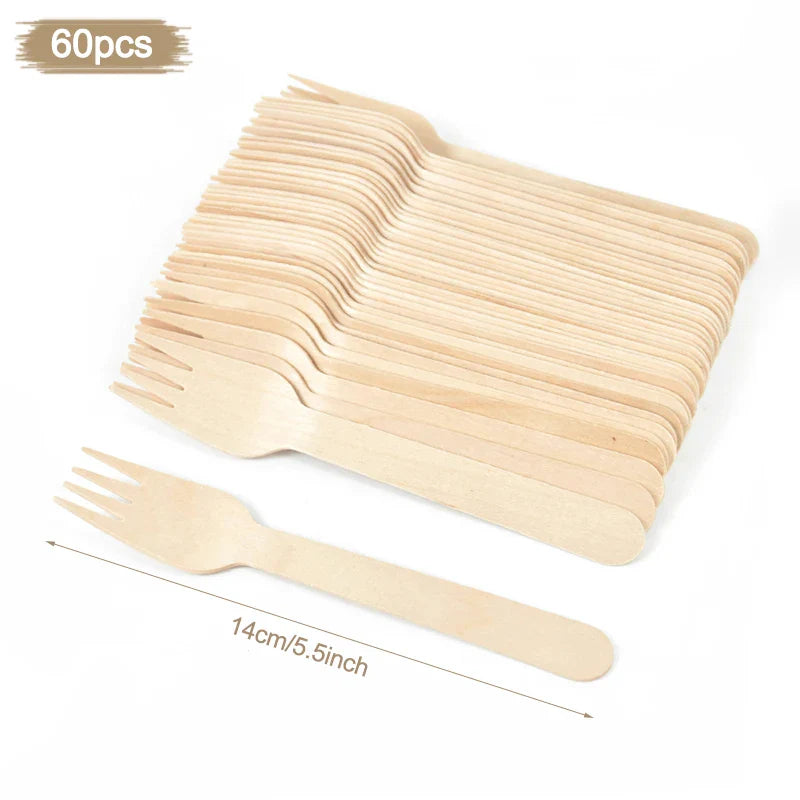 100% Compostable Cutlery Set - Wooden Compostable Utensils - Disposable Wooden Cutlery, Eco Friendly Forks and Spoons Disposable Cutlery Set Party Utensils