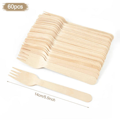 100% Compostable Cutlery Set - Wooden Compostable Utensils - Disposable Wooden Cutlery, Eco Friendly Forks and Spoons Disposable Cutlery Set Party Utensils