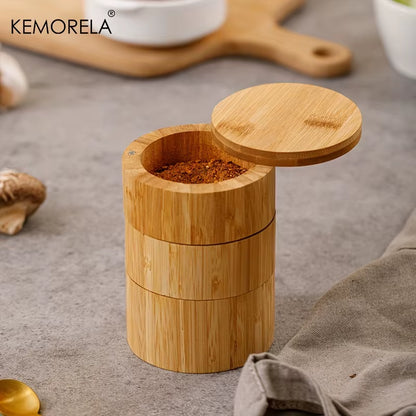 Bamboo Salt Box round Bamboo Jar Salt and Spices Storage Container Spice Container Seasoning Jar 3-Tier Bamboo Wood Container
