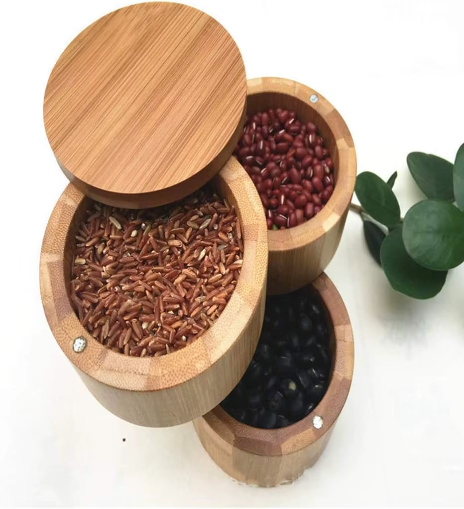 Bamboo Salt Box round Bamboo Jar Salt and Spices Storage Container Spice Container Seasoning Jar 3-Tier Bamboo Wood Container