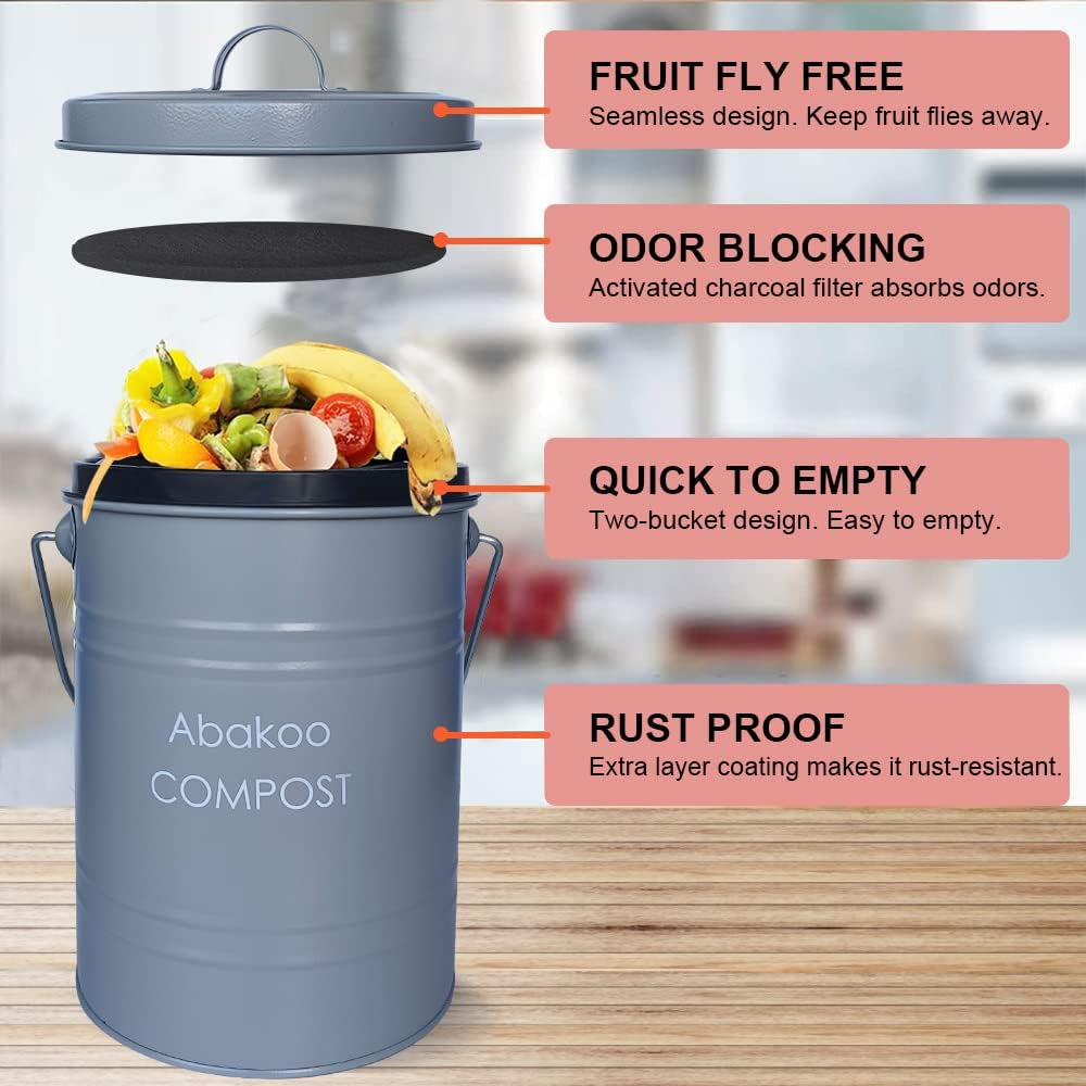 Stainless Steel Compost Bin - Premium Grade 304 Stainless Steel Kitchen Composter - Includes 4 Charcoal Filter, Indoor Countertop Kitchen Recycling Bin Pail (1.0 Gallon (Gray))