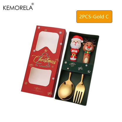 2PCS Stainless Steel Tableware Christmas Spoon Fork Set Cake Dessert Spoon Fruit Fork Santa Elk Doll Spoon Christmas Gifts