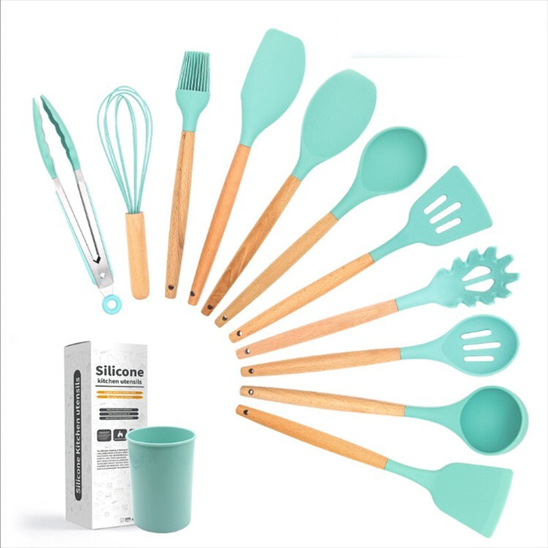12 Piece Kitchen Cooking Utensil Set Silicone Wood Heat Resistant Kitchenware