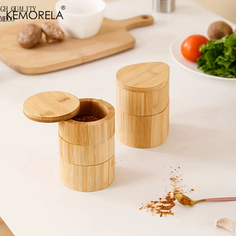 Bamboo Salt Box round Bamboo Jar Salt and Spices Storage Container Spice Container Seasoning Jar 3-Tier Bamboo Wood Container