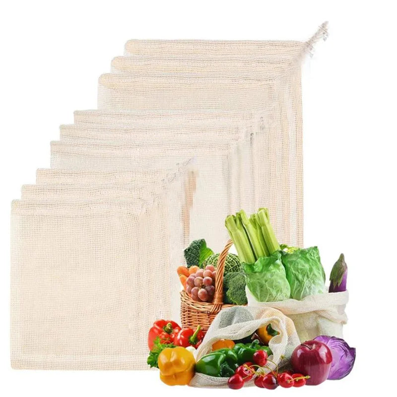 Cotton Mesh Vegetable Bags Produce Bag Reusable Cotton Mesh Vegetable Storage Bag Kitchen Fruit Vegetable with Drawstring