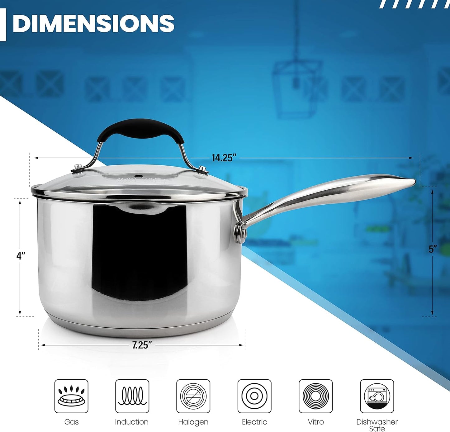 Stainless Steel Saucepan with Glass Strainer Lid, Two Side Spouts for Easy Pour with Ergonomic Handle, Multipurpose Sauce Pot (5-Ply Capsule Bottom, 2.5 Quart)