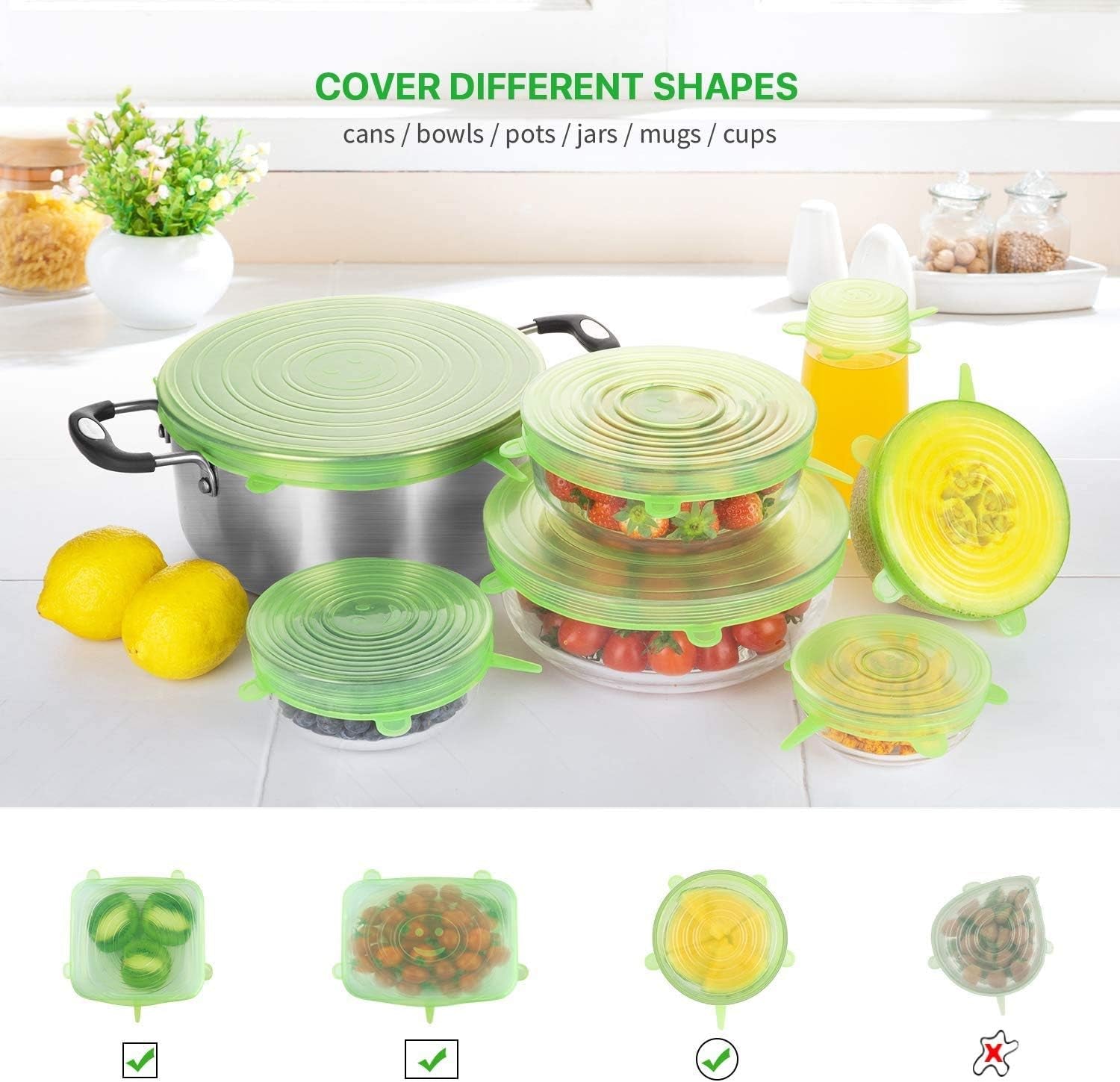 Silicone Stretch Lids for Food Storage in Fridge, 12 Pack Silicone Lids, Reusable Food Grade Silicone Bowl Covers for Cups, Bowls and Dish, 6 Sizes round and Rectangle Shape
