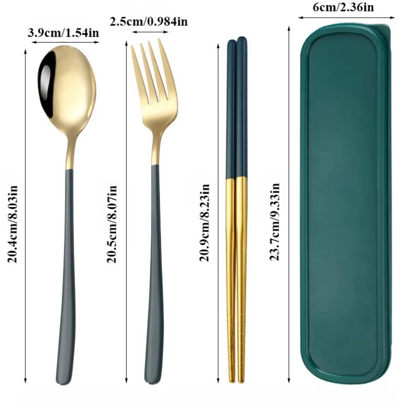 Portable Stainless Steel Utensil Set - 3-Piece Spoon, Fork, Chopsticks for Travel, Camping, School Lunch, Korean Style Dining Ki