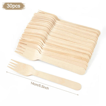 100% Compostable Cutlery Set - Wooden Compostable Utensils - Disposable Wooden Cutlery, Eco Friendly Forks and Spoons Disposable Cutlery Set Party Utensils