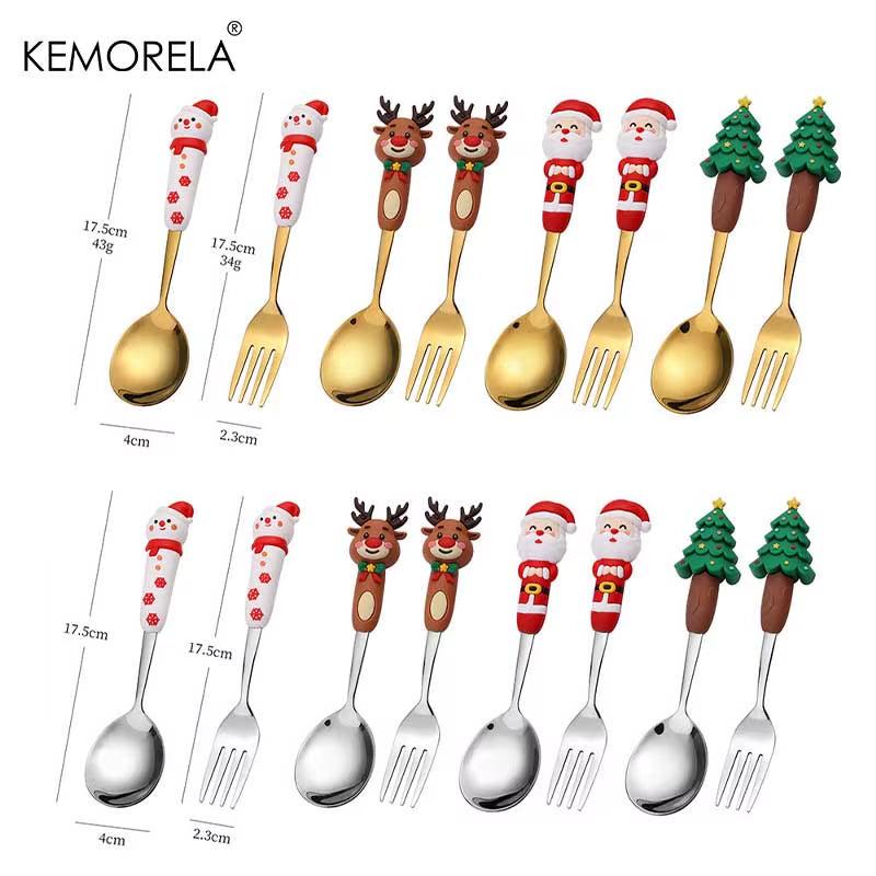 2PCS Stainless Steel Tableware Christmas Spoon Fork Set Cake Dessert Spoon Fruit Fork Santa Elk Doll Spoon Christmas Gifts